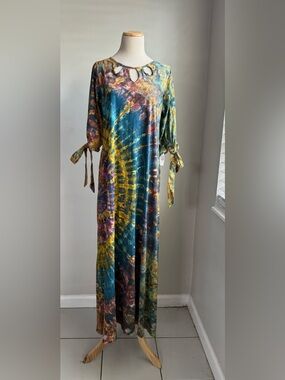 Multi-Color Tie-Dye Maxi Dress with Keyhole and Tie Sleeves